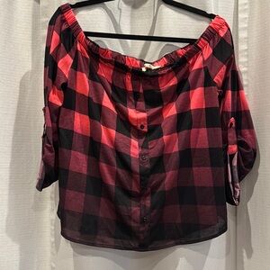 Plaid Off-Shoulder Women's Top - Hot Pink and Black XL